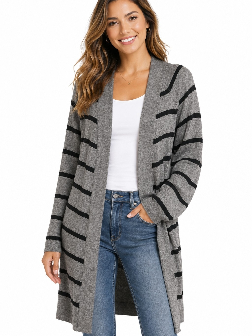 Express Gray and Black Striped Open Front Cardigan